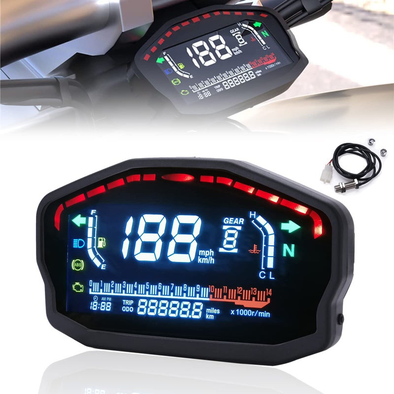 PACEWALKER عداد سرعة LED LCD عالمي للدراجات النارية PACEWALKER مع إضاءة خلفية لأسطوانات 1 و2 و4 لهوندا ودوكاتي وكاواساكي وياماها (يتطلب تركيب احترافي) - Image 1